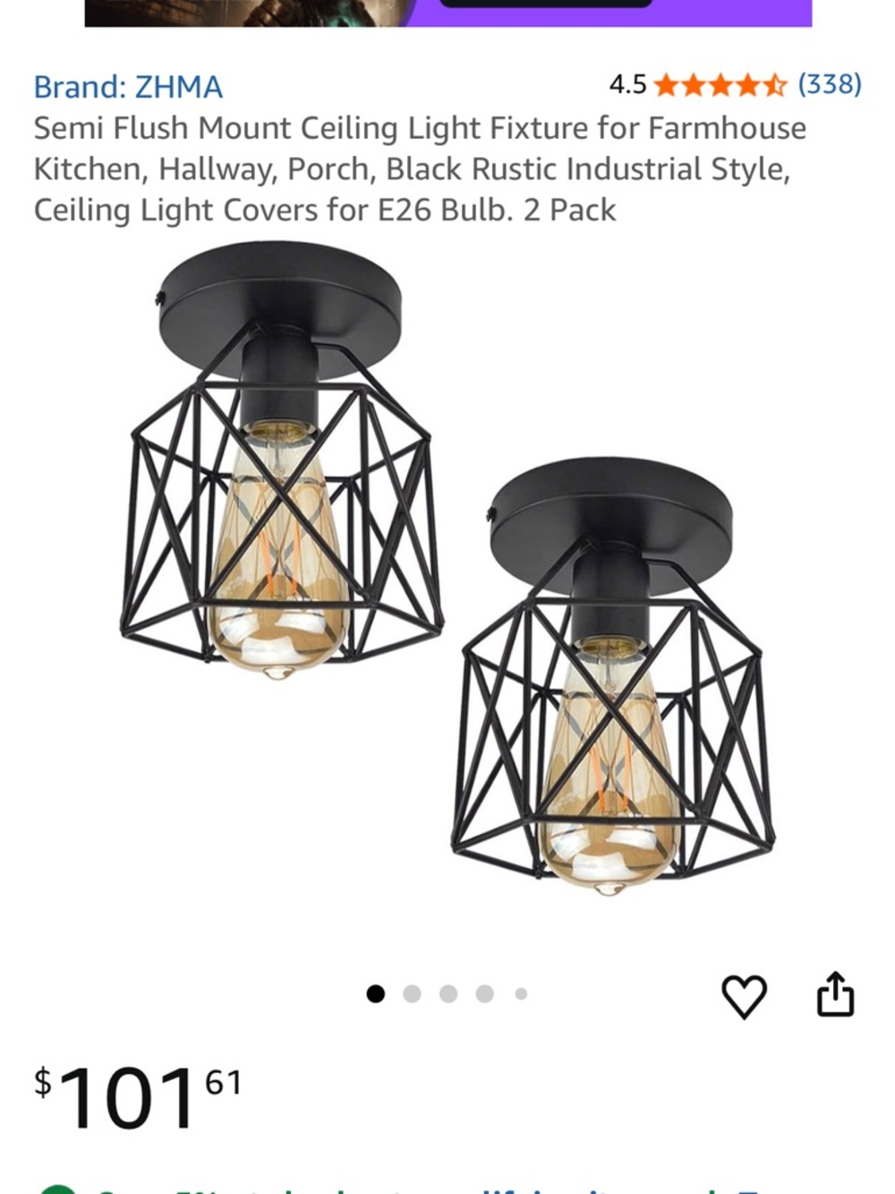 Black Rustic Geometric Semi-Flush Ceiling Light - Set of 2